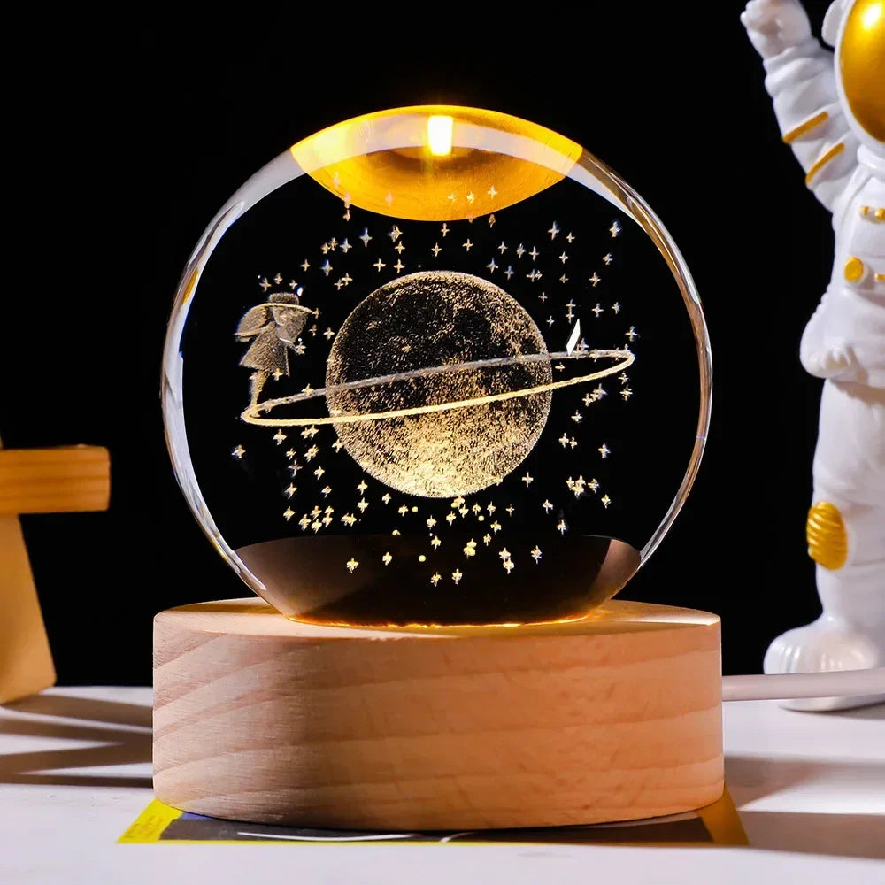 3d Galaxy Solar System Crystal Ball Night Light With Wooden Base ValueKartPk