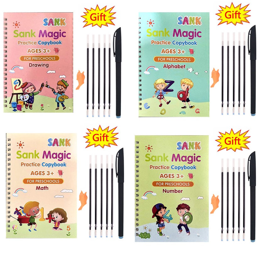 Pack Of 4 Pcs With 5 Refill Copybooks Pen Magic Copy Book Free Wiping Children's Kid Writing Sticker Practice Copybook For Calligraphy ValueKartPk