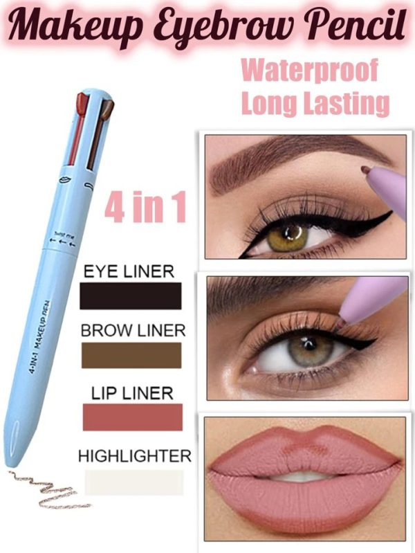 Multi-effect 4 In 1 Eyeliner Eyebrow Pencil Contour Pen Long Lasting Waterproof  for girls, eyeliner lipstick highlighter brow liner all in one (Random Color) ValueKartPk