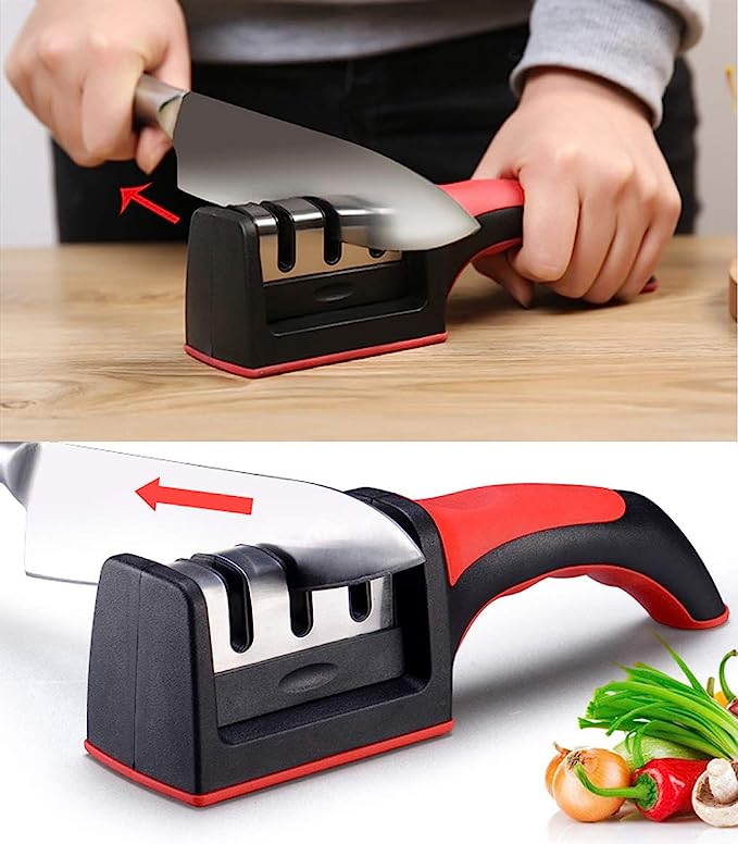 3-in-1 Knife Sharpener With Fruit And Meat Knife Peeler.3-Stage Diamond Coated Knife Sharpener,Kitchen Helper Three-piece Knife Sharpener Set With a Knife Ceramic peeler ValueKartPk