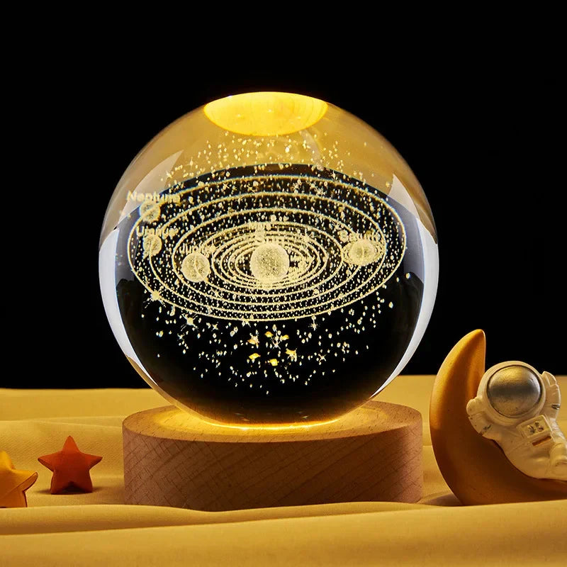 3d Galaxy Solar System Crystal Ball Night Light With Wooden Base ValueKartPk