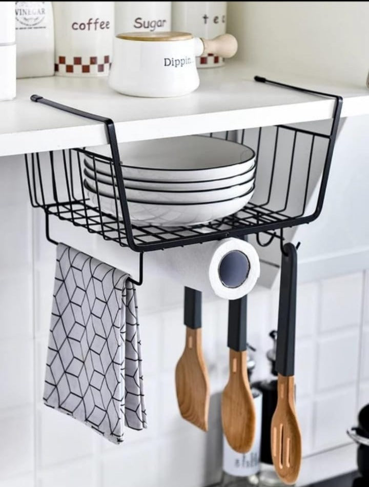 Heavy Quality 4 in 1 Under the Shelf Metal Storage Basket Kitchen Organizer, No Punching, Tissue Holder, Plates Organizer, Cups Holder, Towel Holder ValueKartPk