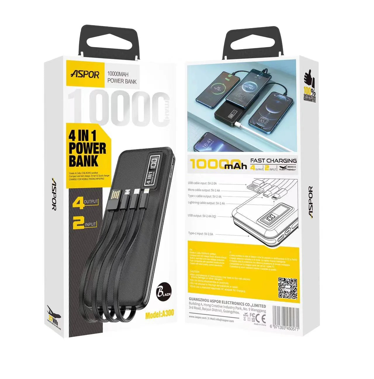 Aspor A300 Power Bank Original 10000mah Li-Polymer Battery 4 In1 Power Bank Black ValueKartPk