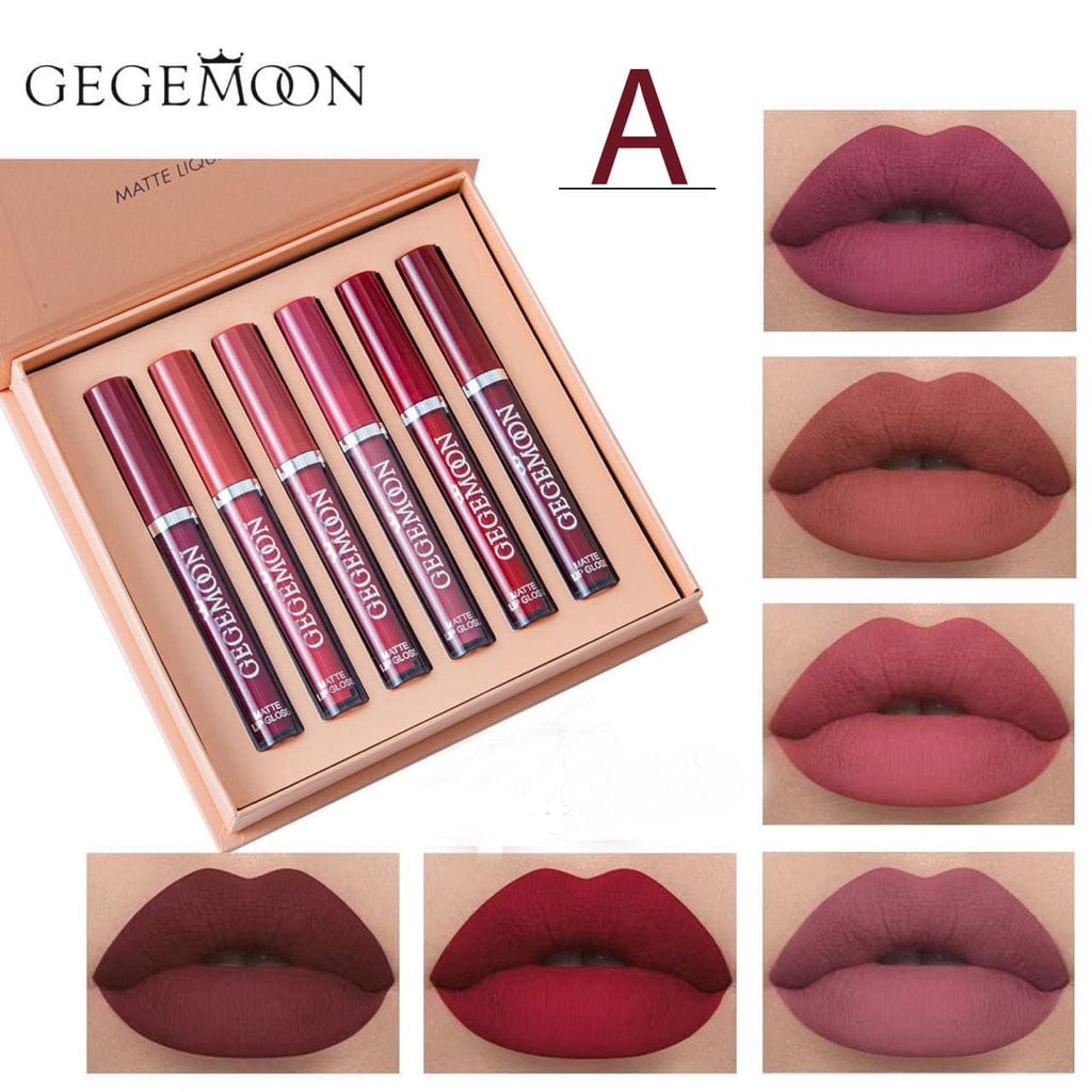 GEGEMOON 6 Colors Long Lasting Velvet Lips Tint Liquid Lipsticks Waterproof Non-Stick Cup Lip-gloss Gift Set ValueKartPk