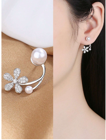 Korean zircon flower pearl front back earrings  for girls ValueKartPk