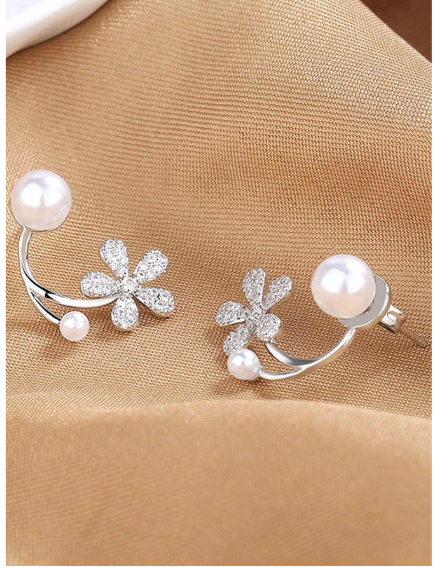 Korean zircon flower pearl front back earrings  for girls ValueKartPk