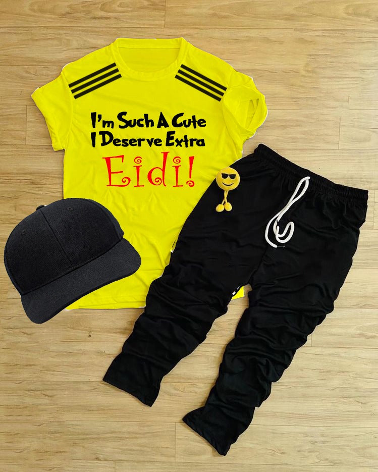 Pack Of 3 Disserve Extra Eidi Yellow Tracksuite For Kid Shirt Trouser Cap ValueKartPk