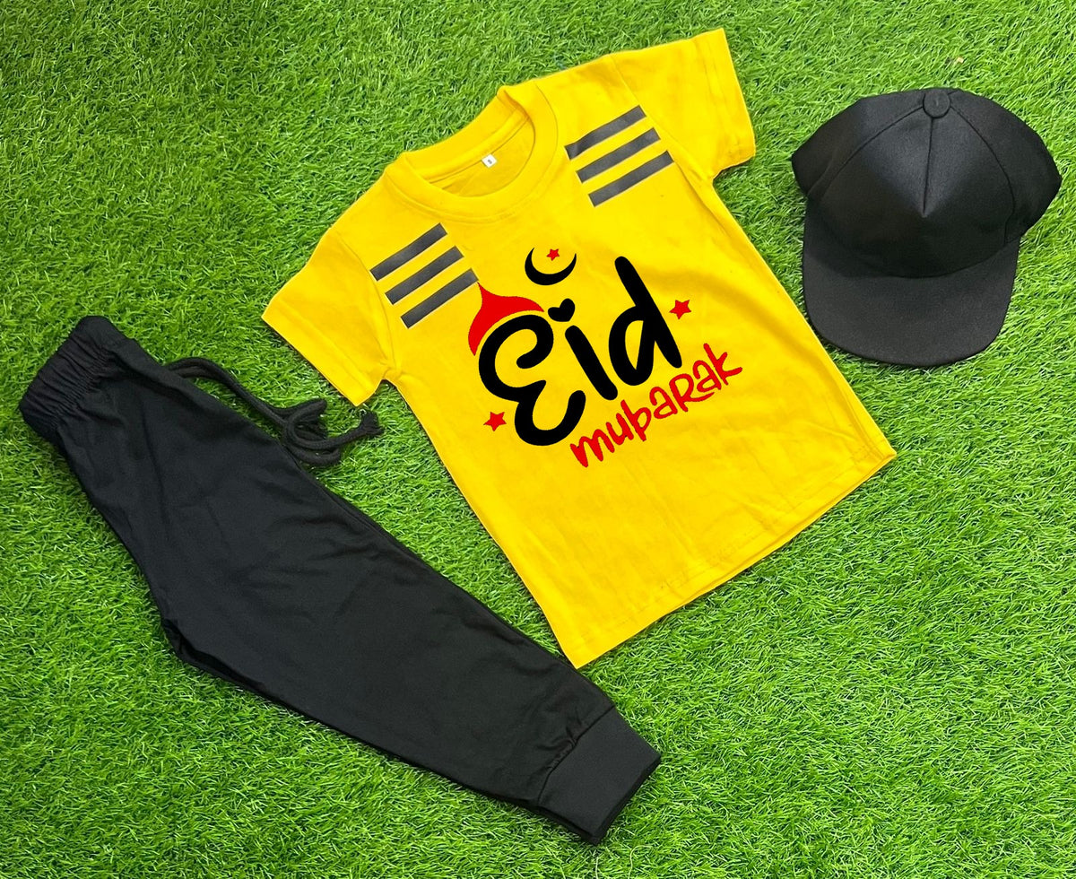 Pack Of 3 Eid Mubarak  Yellow Tracksuite For Kid Shirt Trouser Cap ValueKartPk