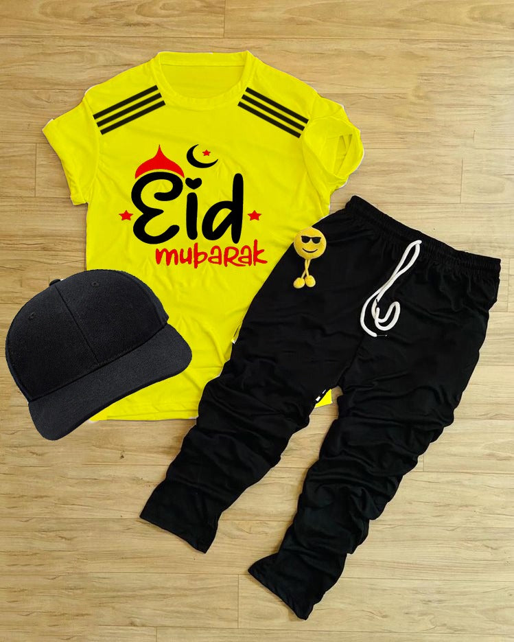 Pack Of 3 Eid Mubarak  Yellow Tracksuite For Kid Shirt Trouser Cap ValueKartPk