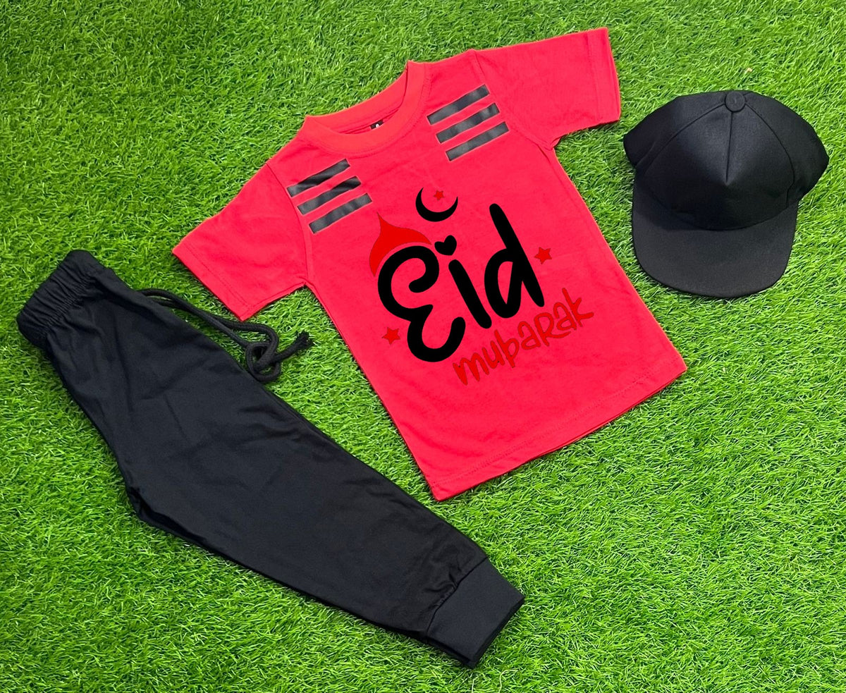 Pack Of 3 Eid Mubarak  Red Tracksuit  For Kid Shirt Trouser Cap ValueKartPk