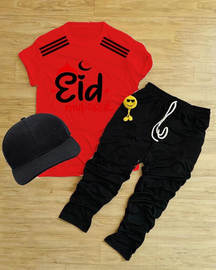 Pack Of 3 Eid Mubarak  Red Tracksuit  For Kid Shirt Trouser Cap ValueKartPk