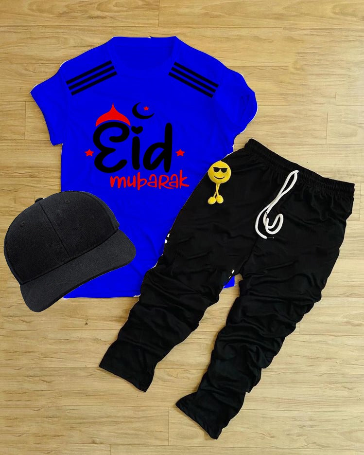 Pack Of 3 Eid Mubarak  Royal Blue Tracksuit For Kid Shirt Trouser Cap ValueKartPk