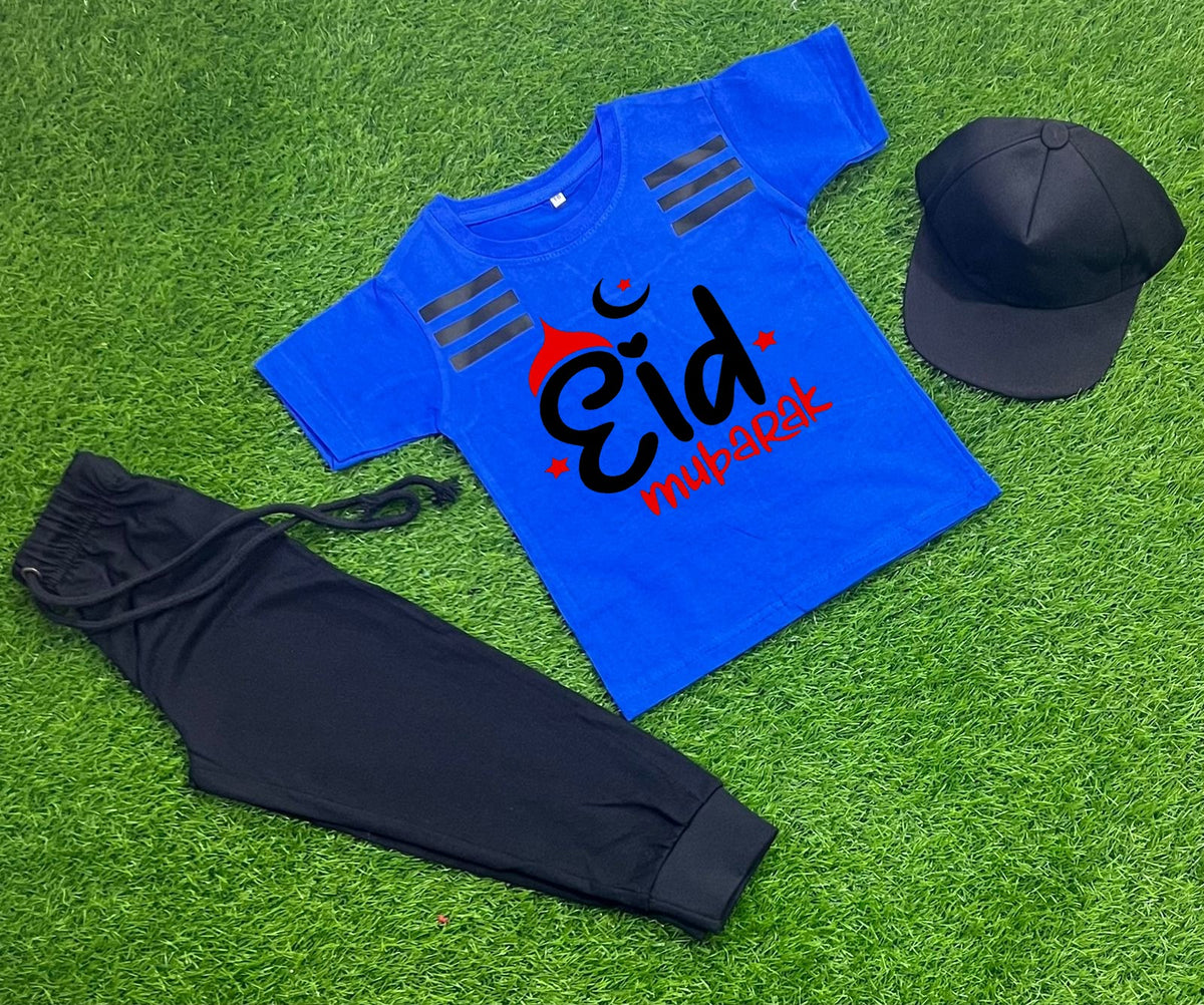 Pack Of 3 Eid Mubarak  Royal Blue Tracksuit For Kid Shirt Trouser Cap ValueKartPk