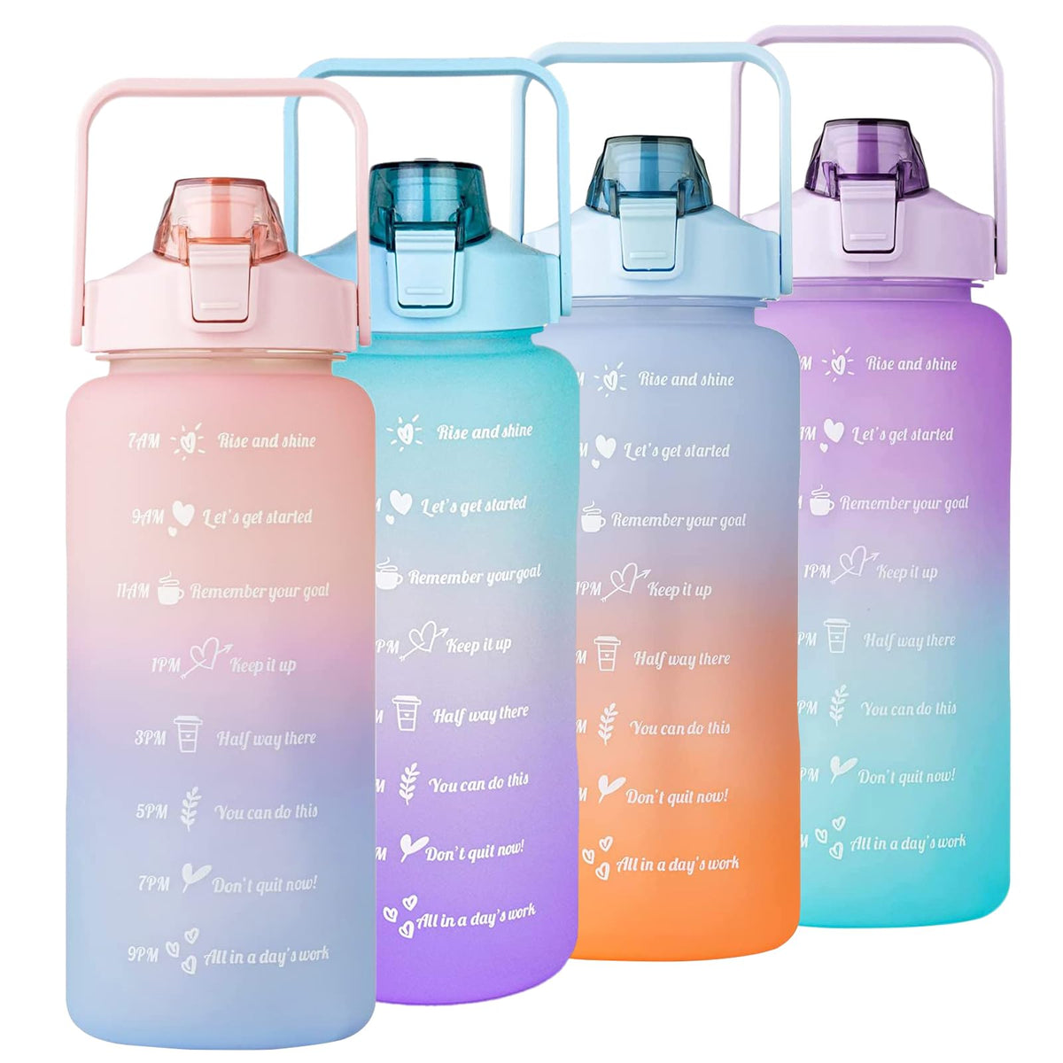 Sports Colorful Water Bottle, Gradient Color Portable Large Capacity Leak Proof Plastic Water Bottles with Straw and Time Marker for Women, Girls, Boys, Mens, Home, Office, School, Gym and Travel Use 2 liter (Random Colors) ValueKartPk