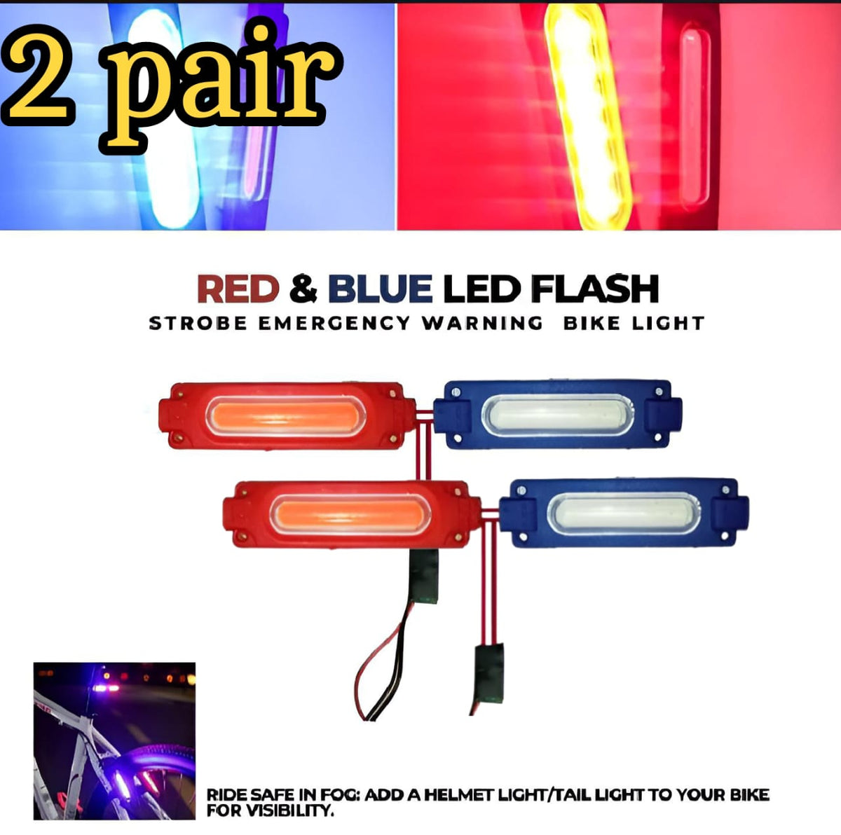 Pack of 2 pair (4pcs) High Quality Red and Blue Flasher Light Waterproof 12V LED Light For Bike and Cars ValueKartPk