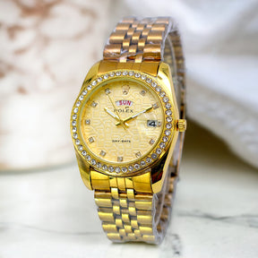 Rolex Luxury Stone With Date &amp; Day CHAIN Ladies Wristwatch ValueKartPk