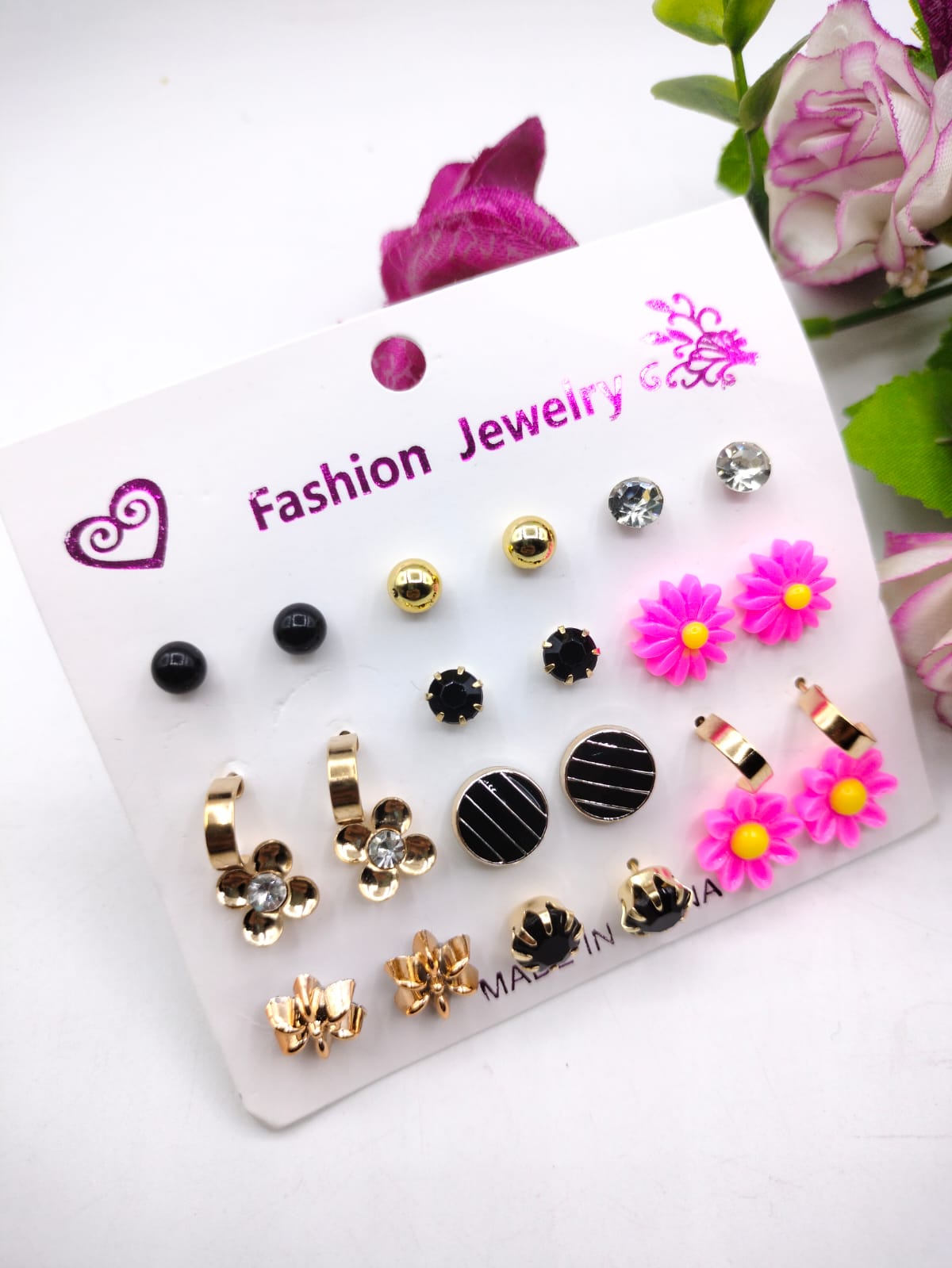 (12 x Studs Pair) Trendy Artificial Stones Ear Studs - Pink Sun Flower ValueKartPk