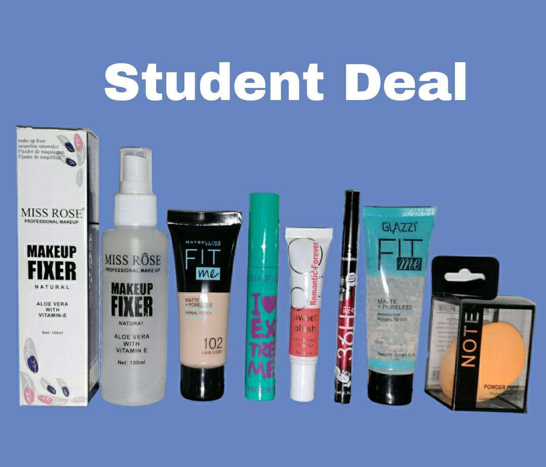 Student Makeup Deal - Makeup Fixer, Foundation (Random Shade), Mascar (Random Color) Liquid Blush, Eyeliner, Primer, Blender (Random Color) ValueKartPk