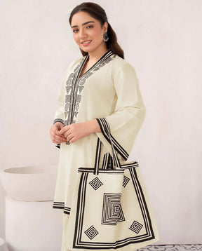 3 Pcs Linen Print Dress &amp; Bag (shirt, trouser and bag) for girls &amp; women ValueKartPk