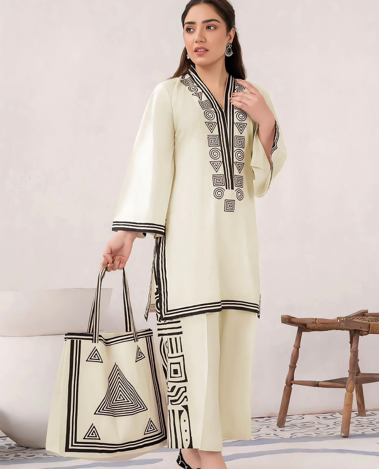 3 Pcs Linen Print Dress &amp; Bag (shirt, trouser and bag) for girls &amp; women ValueKartPk