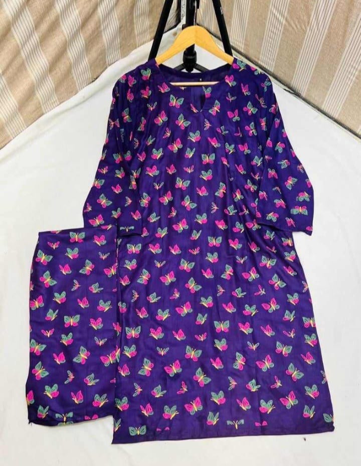 Butterfly print 2pc Linen Dress ValueKartPk