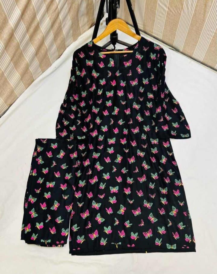 Butterfly print 2pc Linen Dress ValueKartPk