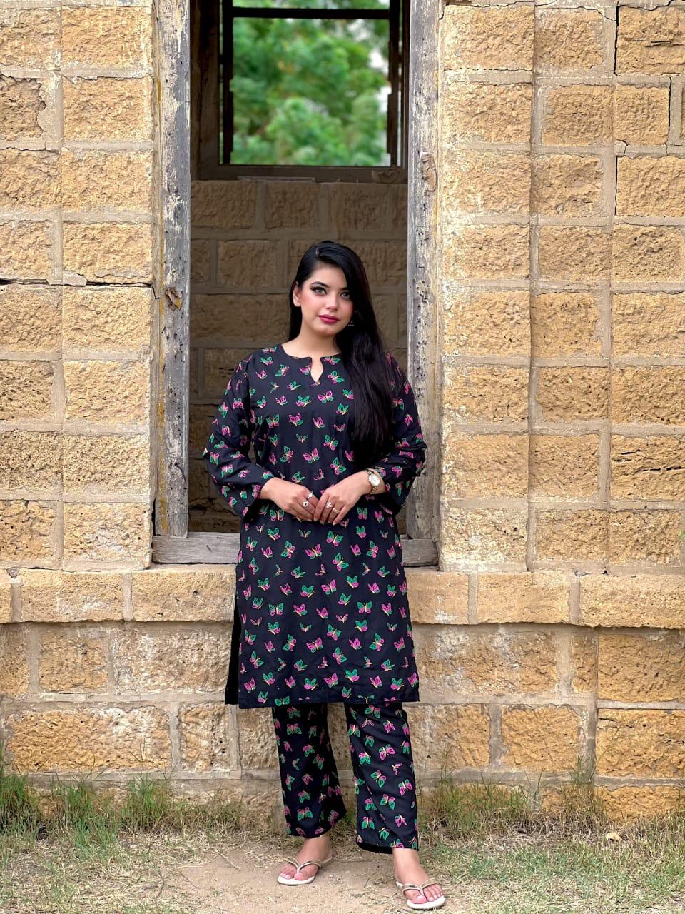 Butterfly print 2pc Linen Dress ValueKartPk