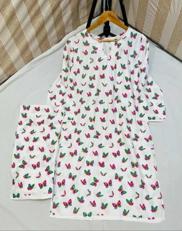 Butterfly print 2pc Linen Dress ValueKartPk