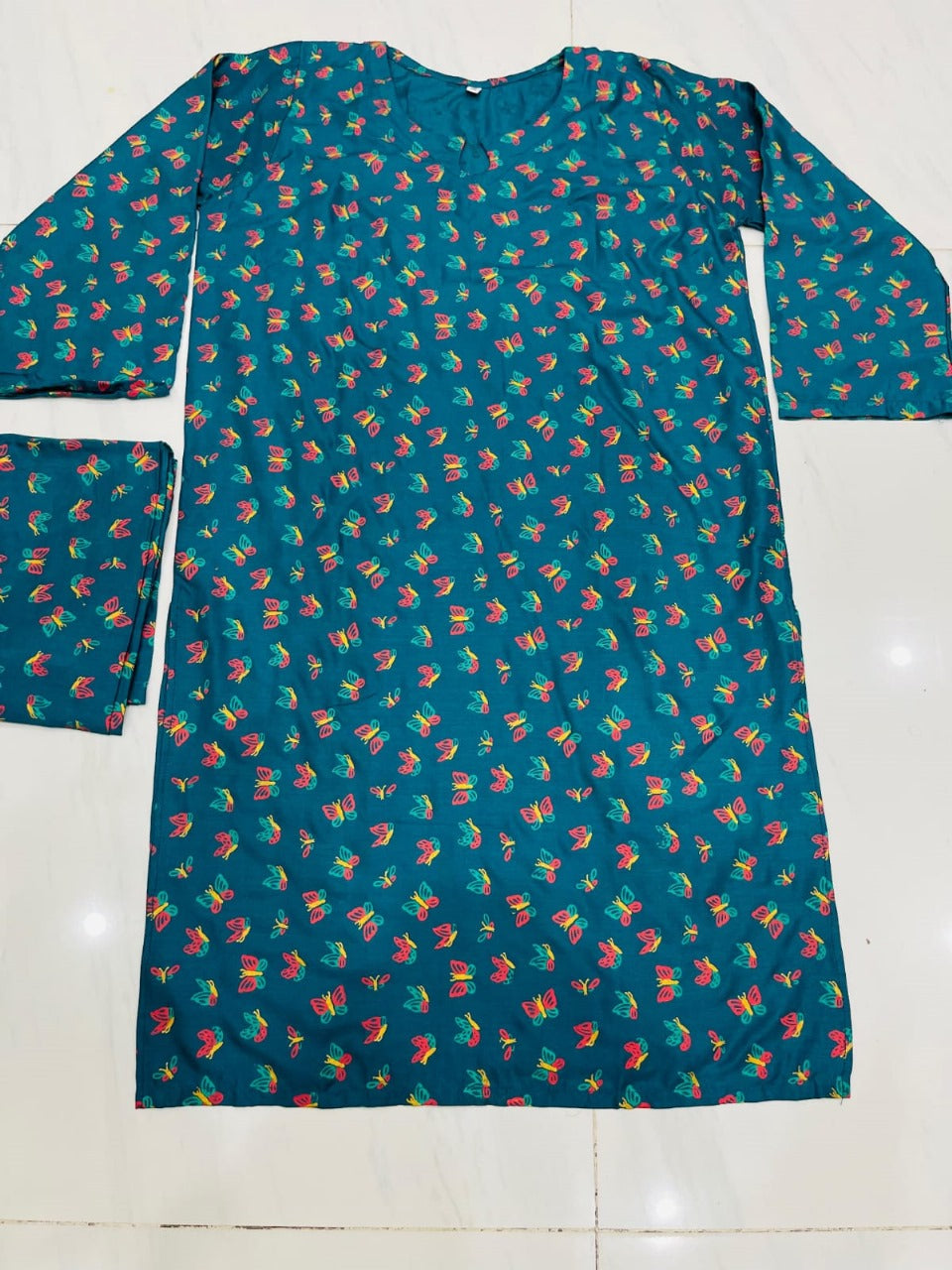 Butterfly print 2pc Linen Dress ValueKartPk