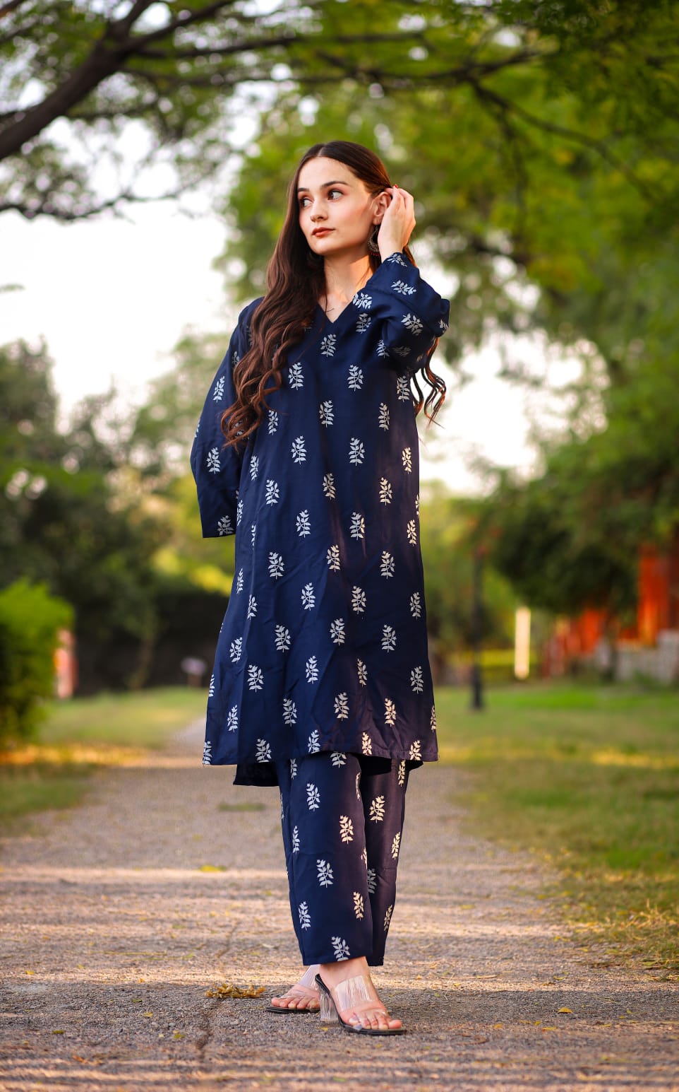 ( Navy Blue)  Saleha Design Block Print  Stitched Suits casual wear for girls (Summer Lilen) ValueKartPk