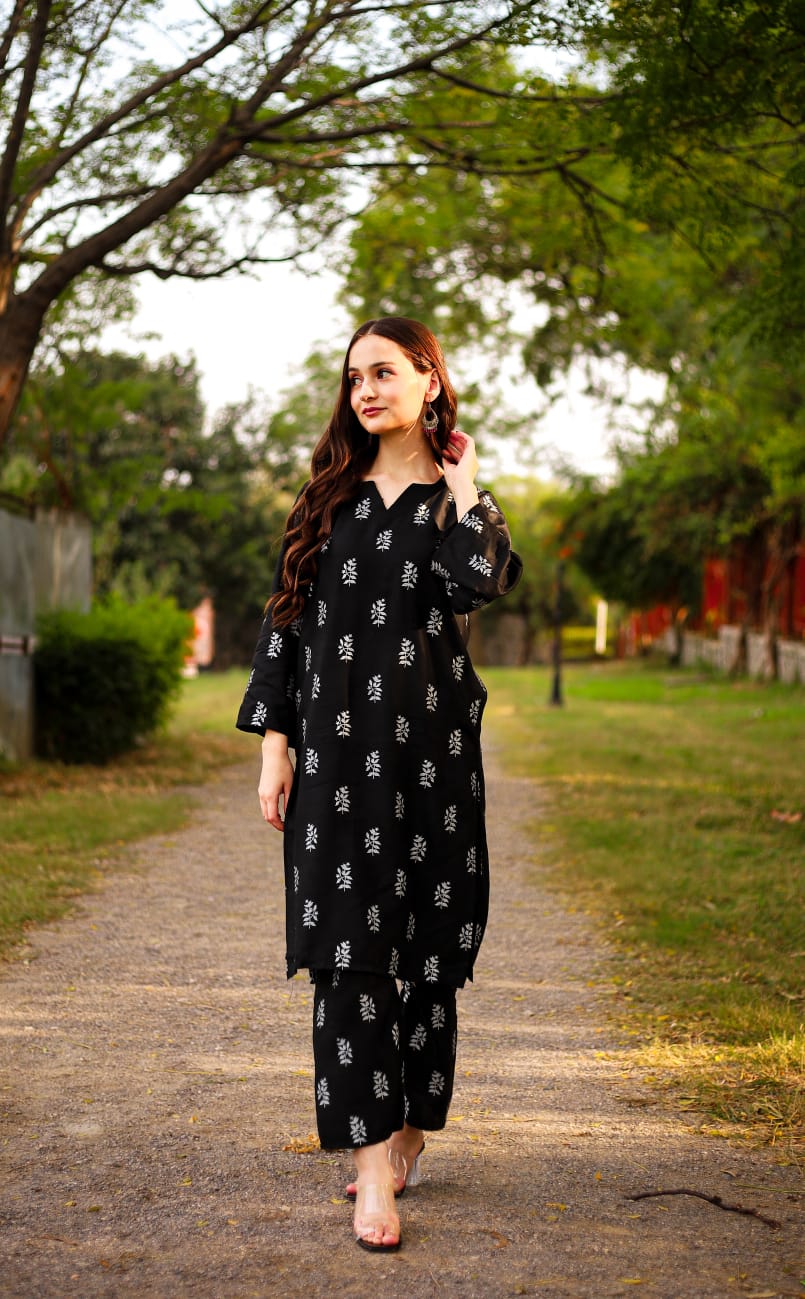 (Black)Saleha Design Block Print  Stitched Suits casual wear for girls (Summer Lilen) ValueKartPk