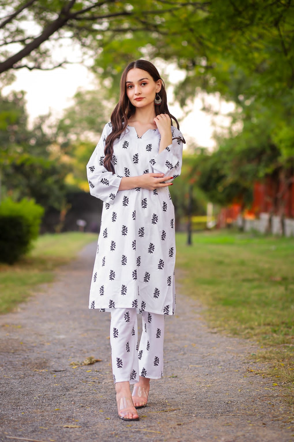 ( White )  Saleha Design Block Print  Stitched Suits casual wear for girls (Summer Lilen) ValueKartPk