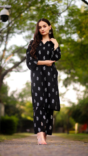 (Black)Saleha Design Block Print  Stitched Suits casual wear for girls (Summer Lilen) ValueKartPk