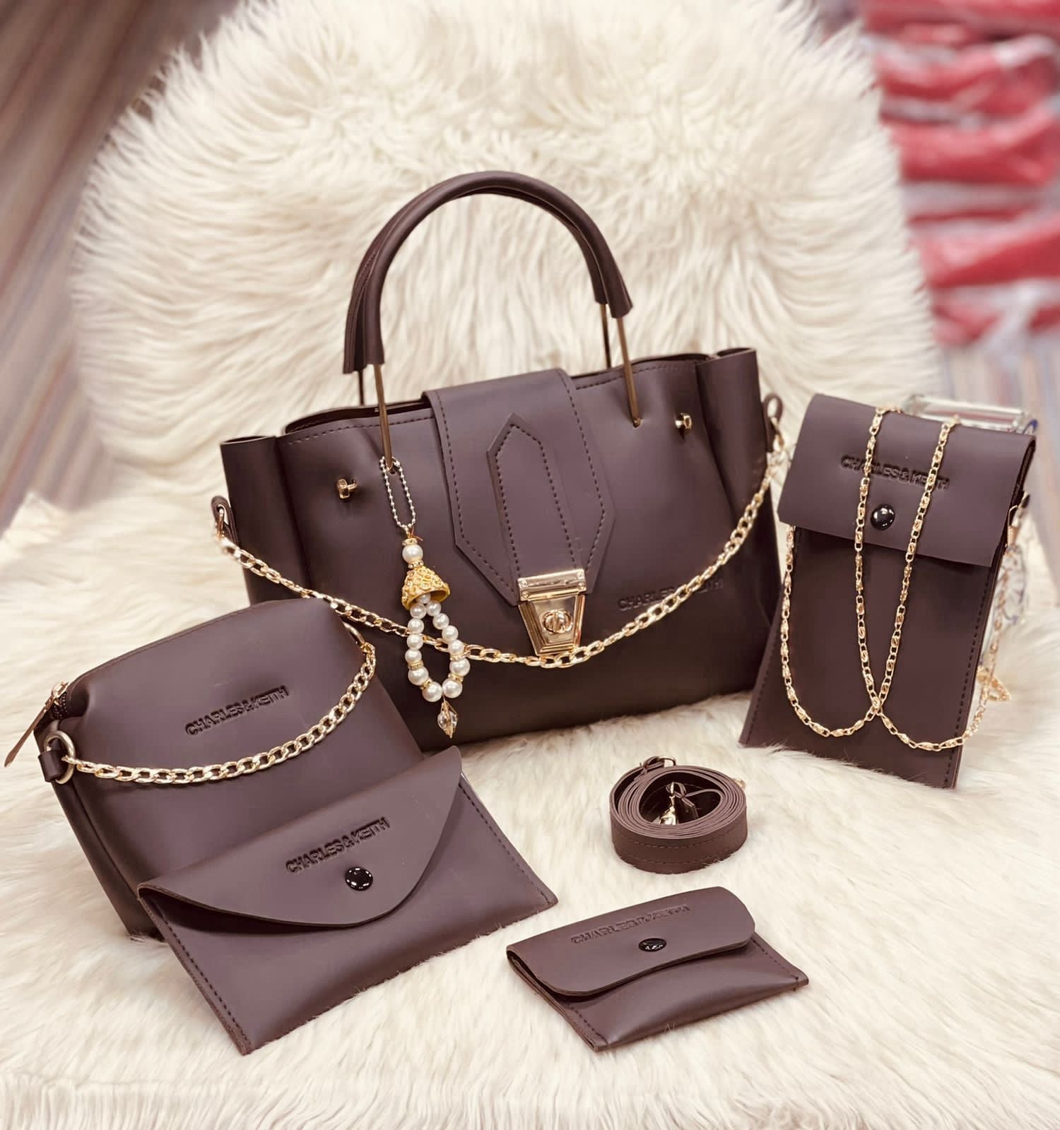 5 Pcs Women's PU Leather Plain Long Strap Hand Bag Wallet Set ValueKartPk