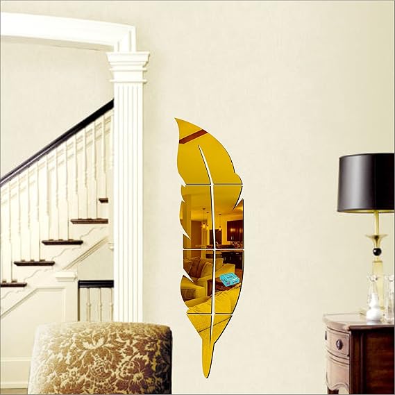 Golden mirror acrylic feather Wall leaf Mirror reflection Room Decor ValueKartPk