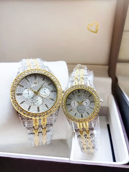 IIK Couple Diamonds Stone Watch Stainless Steel Round Chain Analog Wrist Watch For Men &amp; Women ValueKartPk