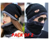 Couple Pack of 2 Combo - Woolen winter beanie Head cap with neck warmer muffler for men and women ValueKartPk