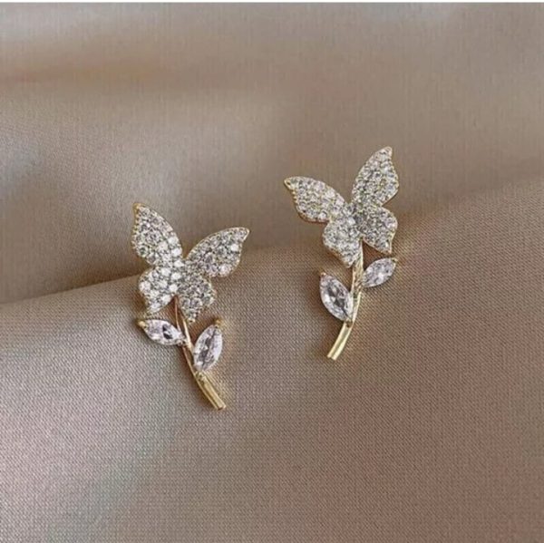 Golden Butterfly Flower Style Zircon Studs For Women Girls ValueKartPk