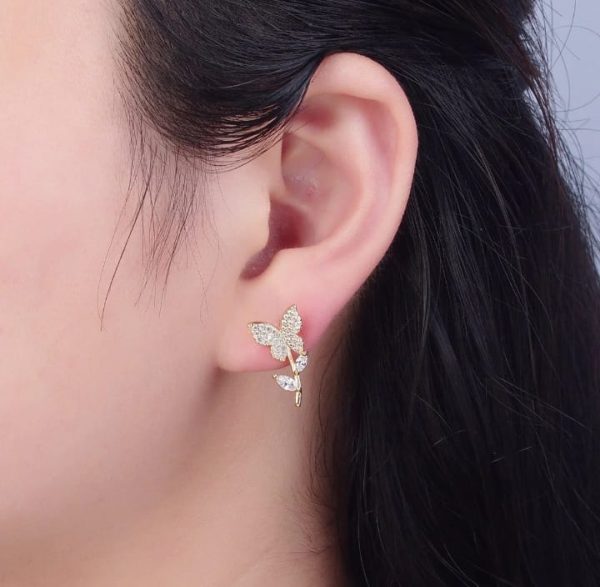 Golden Butterfly Flower Style Zircon Studs For Women Girls ValueKartPk