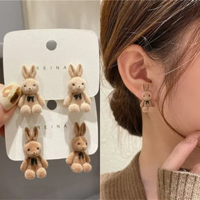 Cute Rabbit Earrings | Korean Style Cartoon Plush Rabbit Bow Earrings For Women Girls – 1 Pair (random Color) ValueKartPk