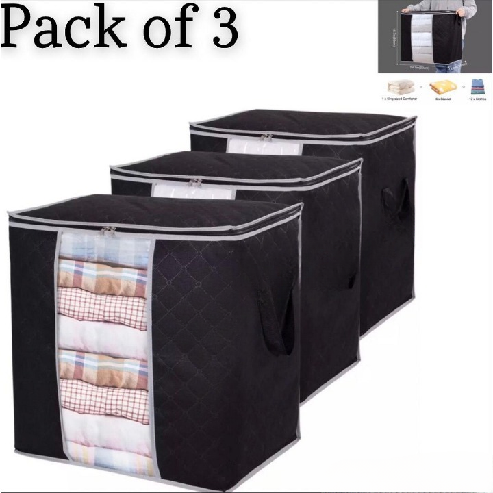 Pack Of 3 - 110gsm New Waterproof Home Storage Bag foldable non woven Oxford Cloth Bedding Suits Pillows Closet Organizer bags Organizer Zipper Bag (Random Color) ValueKartPk