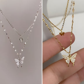 koren double layer pendent smart butterfly with diamonties attach best for young girls and ladies | Women Double Layer Pendant Chain Silver Butterfly Necklace Chain ValueKartPk